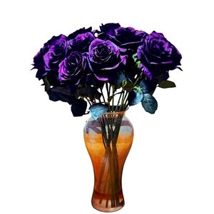Vibrant Purple Elegance Faux Roses With Vase - One Dozen